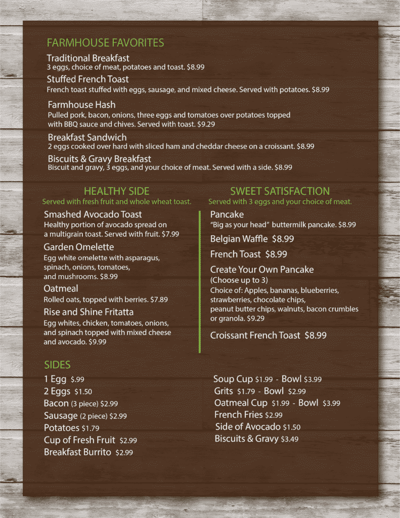 Menu The Farmhouse Restaurant