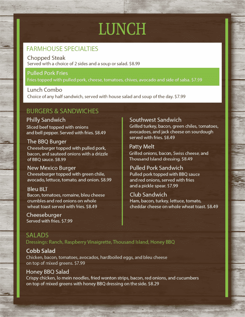 Menu The Farmhouse Restaurant